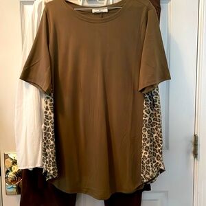 Leopard Print sided Short Sleeve Olive green Knit Tee Top XL misses New